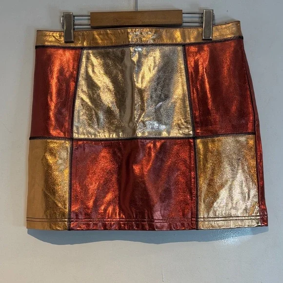 Glamorous bronze and gold patchwork faux leather mini skirt size US10 - Picture 1 of 11